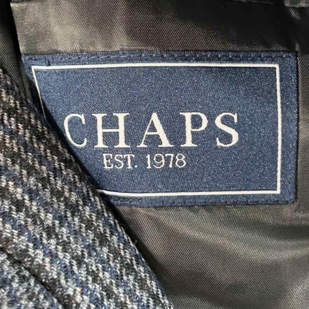 Chaps Mens 40R‎ Wool Blazer Sport Coat Blue Houndstooth Elbow Patches 100% Wool